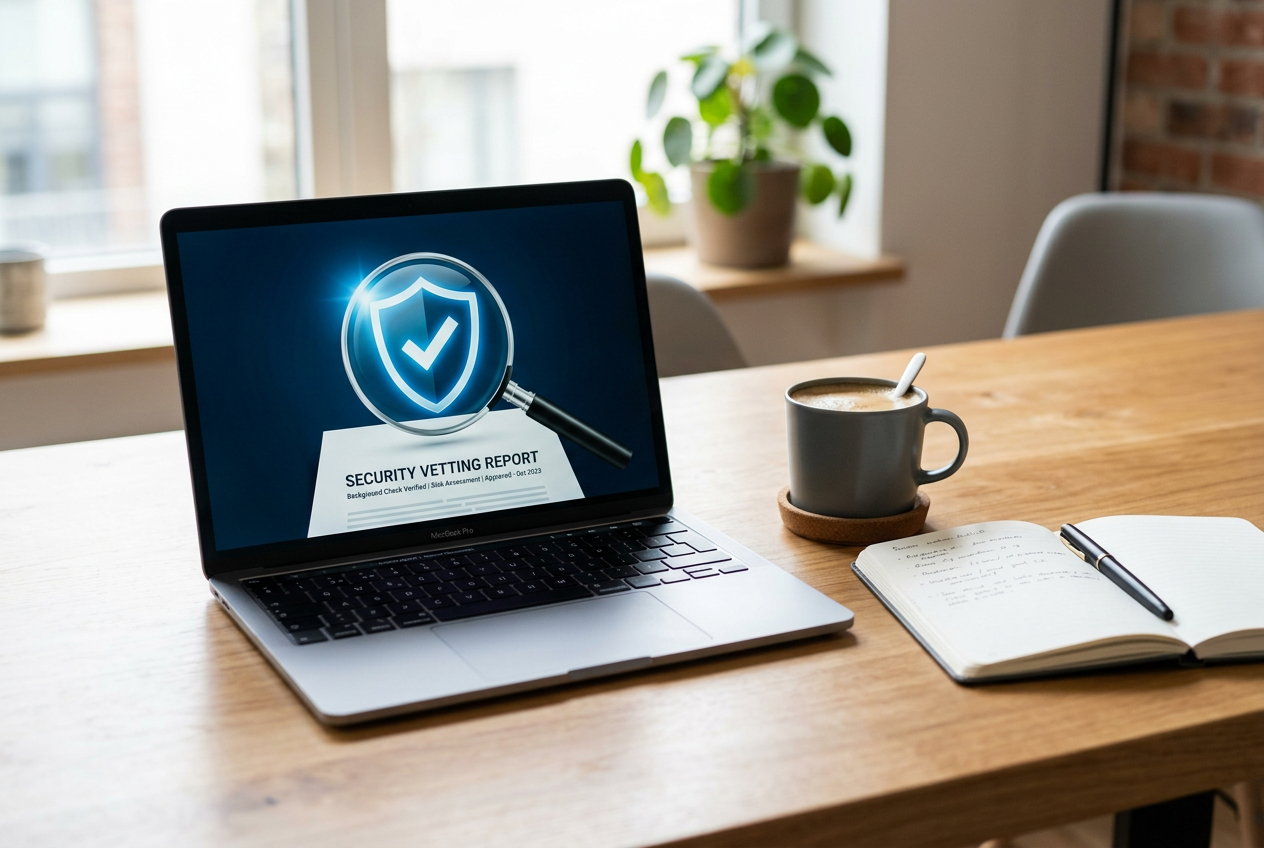 A laptop on a wooden desk showing online security and verification symbols