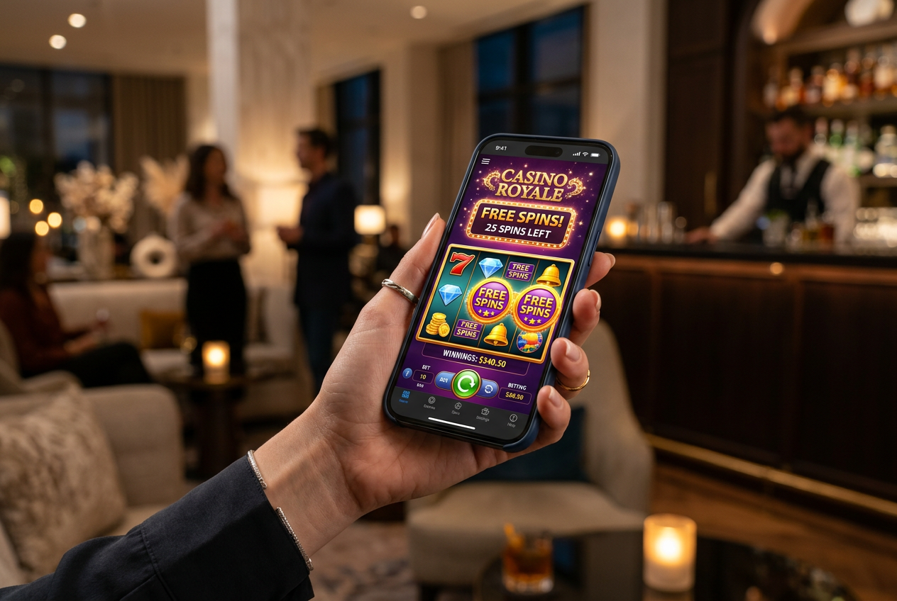 A smartphone displaying a vibrant casino slot game with free spin bonuses