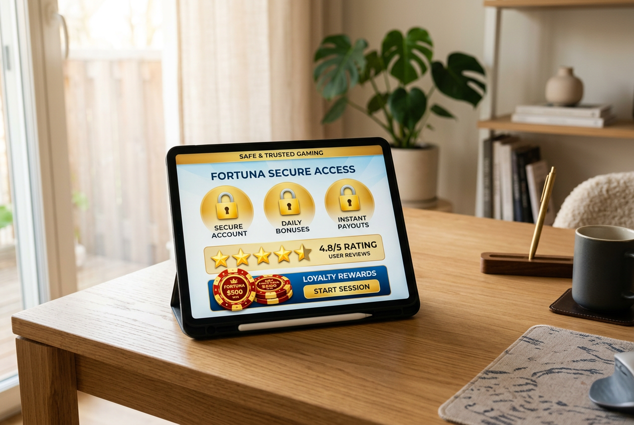 A digital tablet on a modern desk displaying online casino security and rating icons.