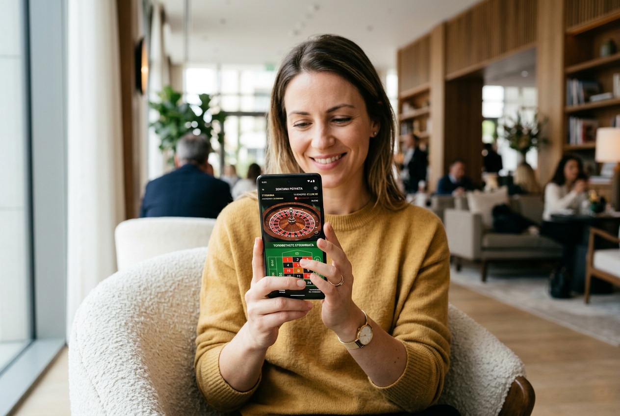 A person using a high-end smartphone to access a live casino interface in a bright environment.